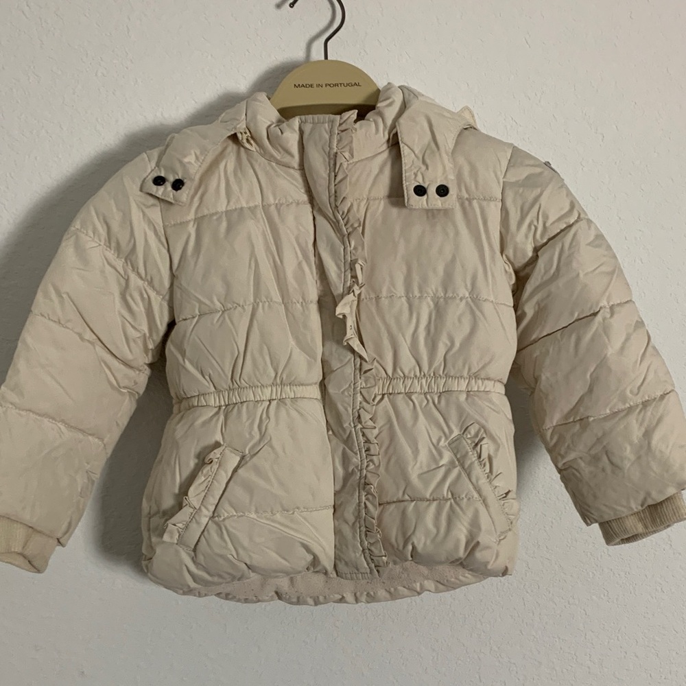GAP Kids Light Tan Puffer Coat with Ruffles Trim